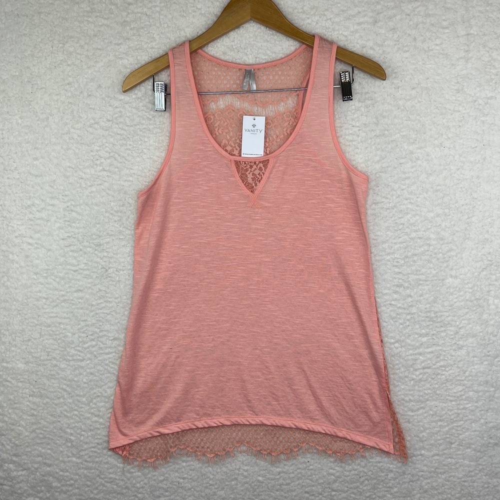 Vanity Essentials Y2K Peach Coral Lace Back Slub Knit Tank Top Medium NEW